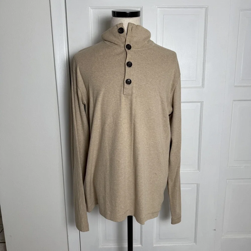 Banana Republic Sweater Mens XL Beige Button Mock Neck Henley‎ Pullover Cotton